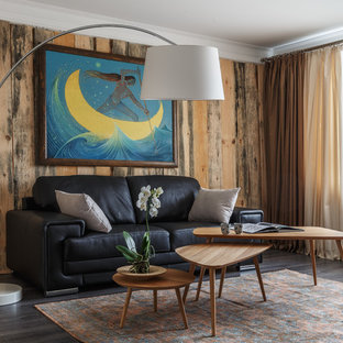 京都のコンテンポラリースタイルのおしゃれなLDK (茶色い壁) の写真