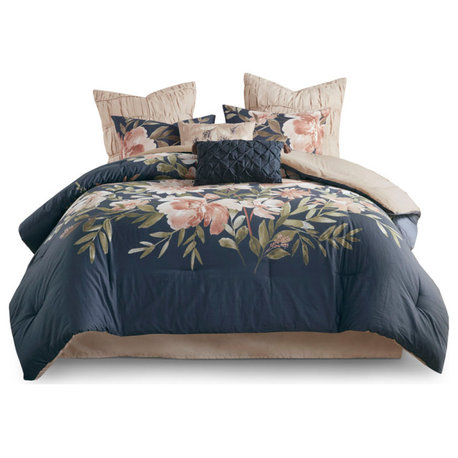 Madison Park Camillia Watercolor Floral Comforter/Duvet Cover Set, Navy Blue, Ki