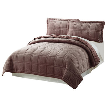 3 Piece Box Quilted Micromink King Bedspread, Seal Brown
