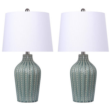 23.5" Sage Ceramic Table Lamp With Off-White Linen Shade, Set of 2