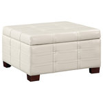 OSP Home Furnishings - Detour Strap Square Storage Ottoman, Cream Faux Leather - Add the finishing touch to any room with our Detour Storage Ottoman. Classic style with double stitch, strap detail provides a tailored classic look. Thick padding all around makes this an ideal place to kick your feet up and relax. The lid glides open easily to reveal fully lined storage and a sliding accessory tray, perfect for storing TV remotes and viewing guides. Place in front of a sofa to create an inviting coffee table scenario. Arrives fully assembled.