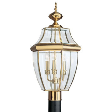 Three Light Outdoor Post Fixture-Polished Brass Finish-Incandescent Lamping