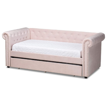 Elegant Daybed, Velvet Upholstery With Rolled Arms & Twin Trundle, Light Pink