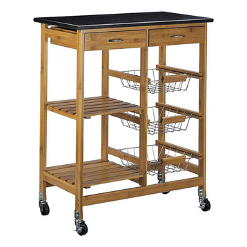Modern Serving Trolley Cart, Bamboo Wood With Marble Top and 2 Extra Drawers