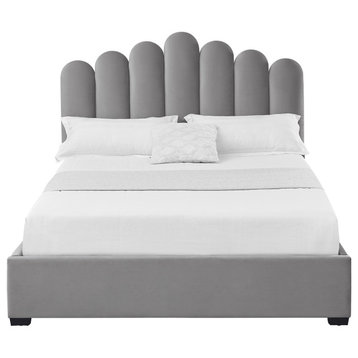 Inspired Home Monty Bed, Velvet Upholstered Scalloped Headboard, Grey, Full