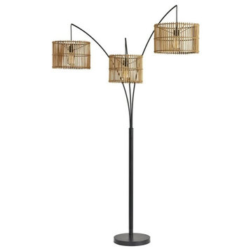 Bohemian Floor Lamp, Arched Metal Body With 3 Rattan Shades, Dark Bronze/Natural