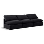 Meridian Furniture - Indulge Upholstered Modular Sofa, Black, 3-Piece: 3 Armless Chair, Down Stuffed Velvet - Experience ultimate comfort and style with our black velvet Indulge Sofa. The luxurious velvet will elevate the aesthetic of any room. This sofa provides ample space for you to relax while its modular build offers the option of unlimited configurations. Whether you're looking to add a stylish element to your living room or a comfortable seating option to your bedroom, this sofa is the perfect choice.