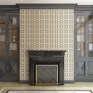 Inspiration för ett funkis vardagsrum, med ett finrum, beige väggar, klinkergolv i terrakotta, en standard öppen spis och en spiselkrans i gips