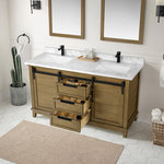 OVE Decors - OVE Decors Edenderry 30" Vanity, Black Hardware, Almond Latte, 72 in. - The Edenderry vanity from OVE Decors is set to bring rustic charm to your modern farmhouse-styled main bathroom or master ensuite. It features an Almond Latte painted finish on its panelled wood base and crisp Black hardware to punctuate it all. Offering plenty of clever storage, a barn door mechanism slides its doors over to reveal an adjustable interior shelf on one side and a slide-out organizer equipped with two USB ports and two electrical sockets for powering up and storing your styling tools on the other side. It also includes three drawers, some of which are outfitted with adjustable dividers for truly customized organization. Topping off this vanity's great looks is a smooth engineered marble countertop that houses two undermount sinks.