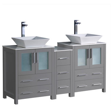 Torino Double Sink Bathroom Cabinets With Tops and Vessel Sinks, Gray 60"