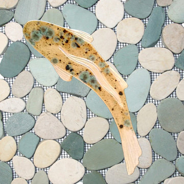 Blue, green, & cream sliced pebble, rock, and stone shower floor tiles with Gold