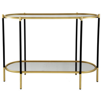 Benzara BM285113 Console Sideboard Table, Oblong, Mirrored Top, Black, Gold