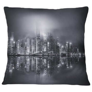 Hong Kong Black and White Panorama Cityscape Throw Pillow, 18"x18"