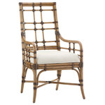Tommy Bahama Home - Seaview Arm Chair - The leather-wrapped rattan dining arm chair frame features an upholstered seat and open back with rattan fretwork. Available as shown in our Sand Dollar fabric, a contemporized herringbone pattern blending soft taupe and ivory tones with a slight texture and remarkably soft hand.