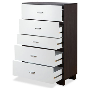 Contemporary Vertical Dresser, 5 Spacious Drawers With Curved Handles, White
