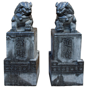 Chinese Black Gray Stone Fengshui Pedestal Foo Dog Statues cs2394, 2-Piece Set