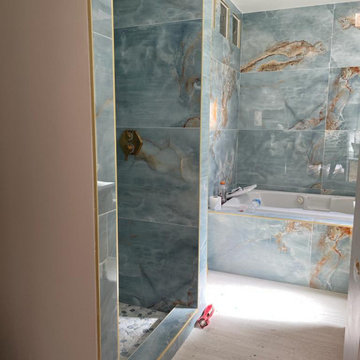 Bathroom Remodel; Huge Blue Tiles; Luxury shower and tub