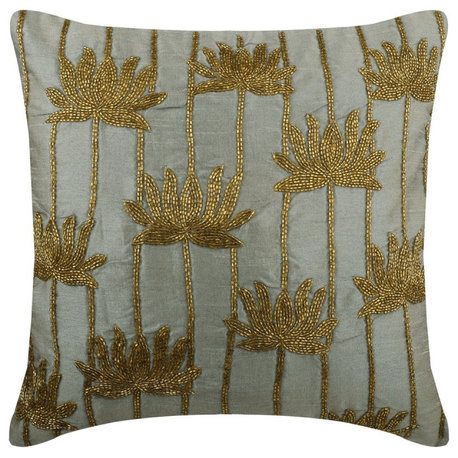 Silver Silk Lotus & Beaded 18"x18" Throw Pillow Cover - Golden Lotus
