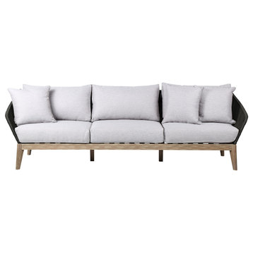 Athos Outdoor 3 Seater Sofa With Latte Rope and Gray Cushions, Light Eucalyptus