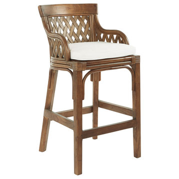 Bar Stool With Brown Stained Wood Rattan Frame ASM, Brown Stain