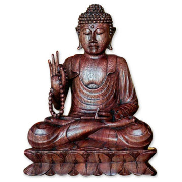 NOVICA Serene Buddha And Wood Statuette