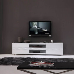Publisher TV Stand in High Gloss White with Black Glass Top - Entertainment Centers And Tv Stands