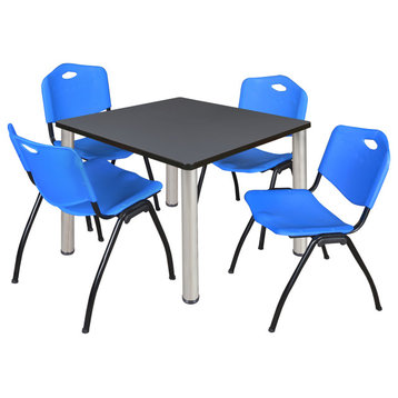 Kee 42" Square Breakroom Table- Grey/ Chrome & 4 'M' Stack Chairs- Blue