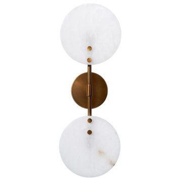 Mid Century Modern White Alabaster Stone Disc Wall Sconce 23 in Circle Brass