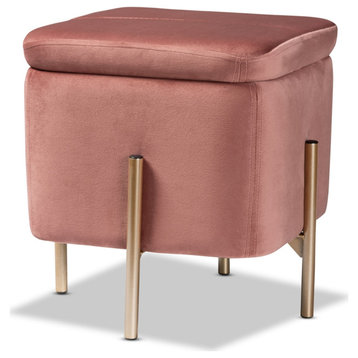 Contemporary Pink Velvet Fabric Upholestred Gold Finished Metal Storage Ottoman