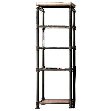 Metal and Wood Pier Cabinet With 4-Tier Shelf, Antique Black and Natural Tone