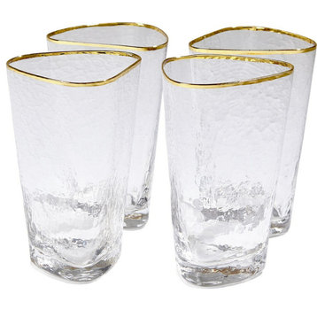 Hammered High Ball Glasses Clear With Gold Rim