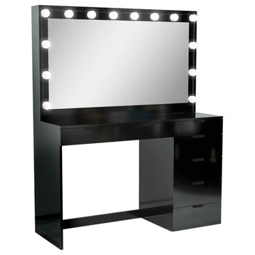 Modern Vanity Table, Lighted Mirror & Drawers With Cut Out Pulls, Black Finish