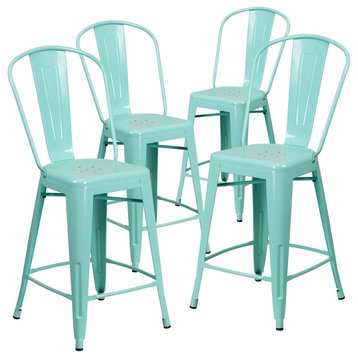24" High Mint Green Metal Indoor/Outdoor Counter Stools With Back, Set of 4