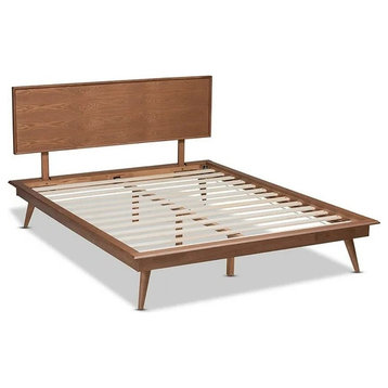 Retro Full Platform Bed, Hardwood Construction & Panel Headboard, Walnut Brown