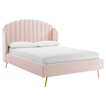 Lana Queen Performance Velvet Wingback Platform Bed, Pink