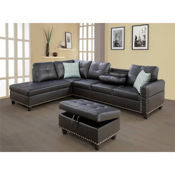 Devion Furniture Faux Leather Sectional Sofa with Ottoman-Black