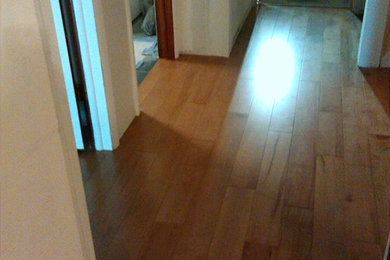 Mid-sized trendy medium tone wood floor hallway photo in Burlington