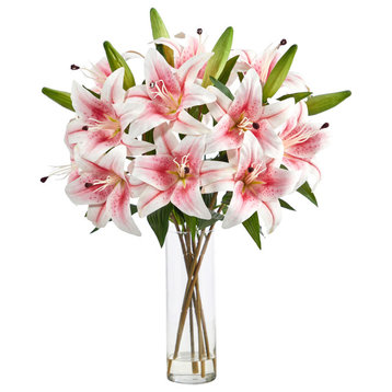 25in. Artificial Lily Arrangement with Cylinder Glass Vase