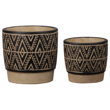 Round Ceramic Pot With Tribal Design, Charcoal, 2-Piece Set