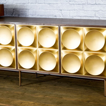 Modern Credenza with gold doors. Mid century modern, walnut sideboard, Hollywood