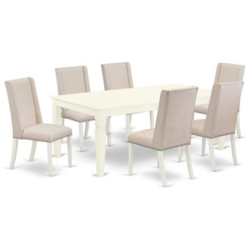 East West Furniture Logan 7-piece Wood Dining Table Set in Linen White