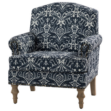 Lamber Wooden Upholstered Armchair With Camelback, Navy
