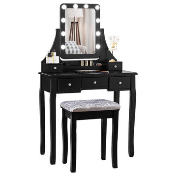Transitional Vanity Set, Upholstered Stool & Rotating Mirror With Lights, Black