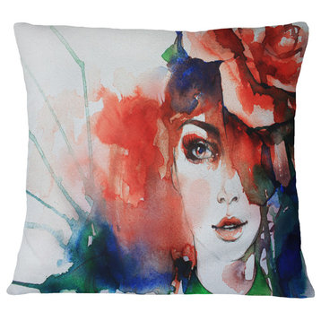 Woman With Rose Illustration Abstract Throw Pillow, 16"x16"