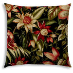 Joita - DAHLIA Indoor/Outdoor Pillow - Sewn Closure - Do you LOVE hanging out outside? Making your outdoor space comfortable AND beautiful? Well, so do we! There's not a more budget friendly way to make your outdoor area look fresh and inviting then adding an outdoor pillow, placemat, or even 2 or 3! DAHLIA is Victorian in color with deep hues of tan, black, green, red, salmon, rust and khaki - but transitional in print with large flowers amid subtle green leaves. Choose from lumbar (14" x 20"), chair size (18" x 18"), sofa size (20" x 20") or back cushion size (23.5" x 26") - perfect when you want an inexpensive way to replace your back cushions with a little pop! Whichever you choose, it will be resistant to mildew, water, stains, and fading. And don't worry about cleaning - just brush off the loose dirt or gently hose them down.
