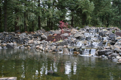 Inspiration for a large rustic front yard water fountain landscape in Other.