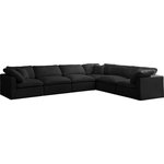 Meridian Furniture - Plush Velvet / Down Standard Comfort L-Shaped Modular Sectional, Black, 6-Piece: 3 Armless Chair, 3 Corner Chair - No matter how big or little the size of your gang, they can all find their sweet spot when you choose pieces from the Plush collection to build your ideal seating group. Choose this six-piece set or pair multiple pieces together to get the custom look everyone will love. The soft black velvet material is soft and welcoming to the touch, and the set's cushions are overstuffed with a down and feather blend to provide ample support for tired bodies.