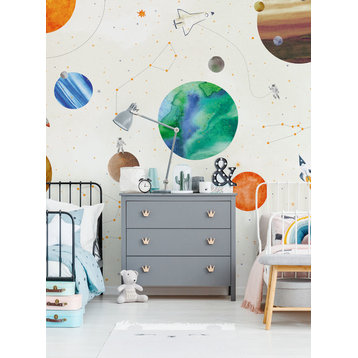 Space Mural Wallpaper, Peel and Stick Vinyl Wallpaper, White, Set of 4 Sheets