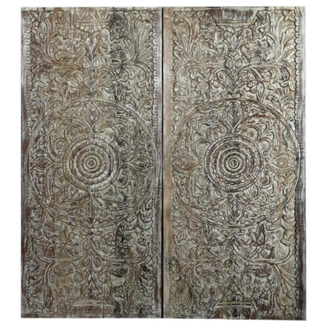 Consigned Vintage Sliding Door Whitewash Lotus Mandala Carved Wall Art 80