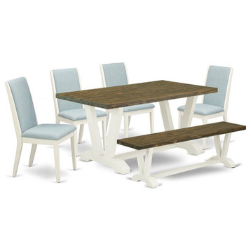 East West Furniture V-Style 6-piece Wood Dining Set in Jacobean Brown/Blue